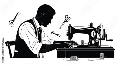 A vintage illustration depicts a tailor working at a sewing machine with tools presented as a silhouette high quality professional detailed