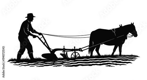 A detailed black silhouette depicts a farmer plowing a field with a horse drawn plow silhouette high quality professional modern elegant stylish