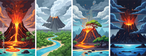 volcano eruption, volcanic landscape, lava flow, active volcano, nature disaster, magma, mountain eruption, dramatic sky, geological activity, vector illustration