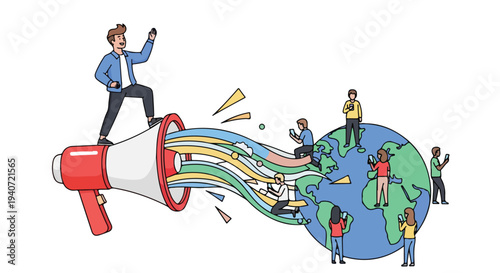 Flat 2D illustration of a man standing on a megaphone with colorful lines emerging, influencing people around the globe in a social media context.