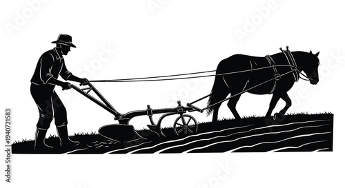 A black and white illustration depicts a farmer plowing a field with a horse and equipment silhouette high quality professional detailed