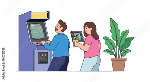 Flat 2D illustration of a man and woman using a vending machine and a tablet in an office setting with a potted plant nearby.