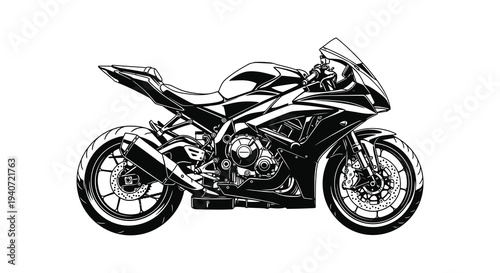 A detailed black and white illustration of a modern sportbike showcasing its dynamic design in silhouette high quality professional elegant stylish