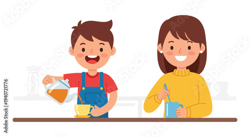 A cheerful boy pours a drink for his smiling mother in a cozy kitchen setting silhouette high quality professional detailed modern
