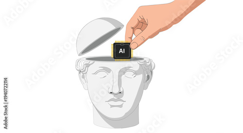 A light-skinned hand inserts a black square AI chip, labeled AI, into the opened top of a white marble bust resembling David.