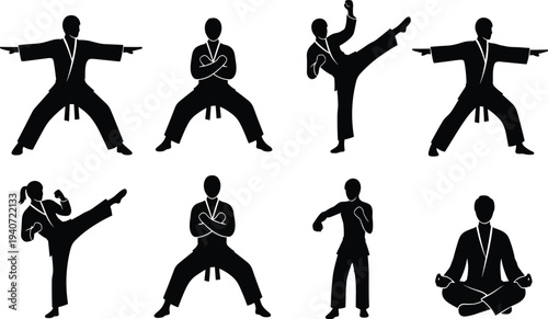 Martial arts silhouette collection, karate taekwondo fighters performing kicks punches and meditation poses isolated on white background vector illustration