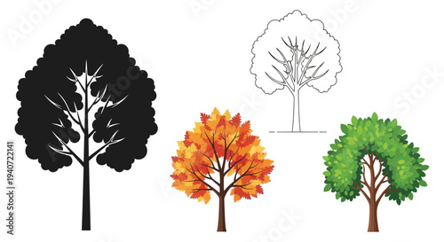 Four depictions of a tree showcasing variations in color and style including a stark black silhouette high quality professional detailed modern