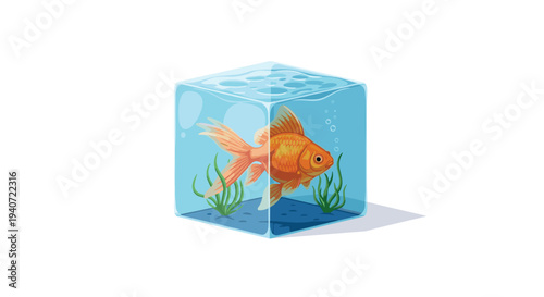 A single orange goldfish swims peacefully inside a transparent cubic glass tank with green aquatic plants on a white background.
