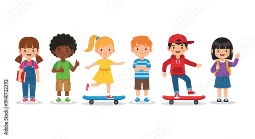 A cheerful group of six children each with unique features stands together in a flat vector style silhouette high quality professional detailed
