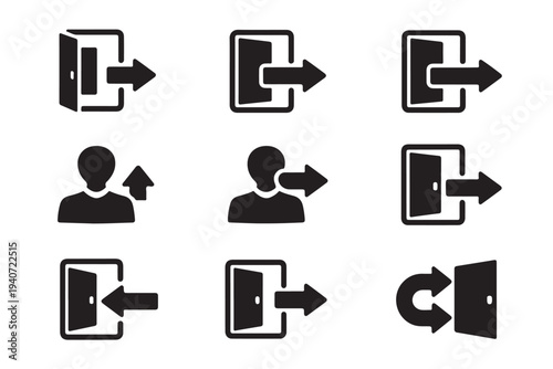 Collection of nine distinct vector icons representing user login logout exit entry and access control in digital systems interface