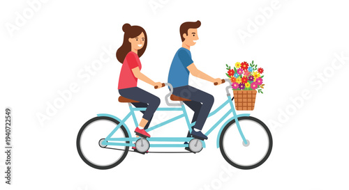 A cheerful couple enjoys a tandem bicycle ride with a basket of flowers demonstrating togetherness silhouette high quality professional detailed