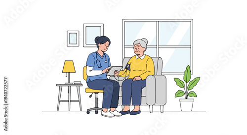 A healthcare worker in blue scrubs sits with an elderly woman in a yellow sweater, discussing health in a cozy living room with a flat 2D illustration style, post-pandemic.