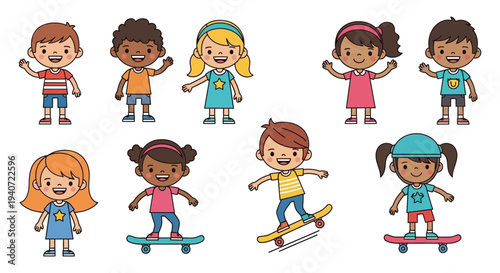 A cheerful group of diverse children illustrated with bright colors and simple forms presents a playful scene silhouette high quality