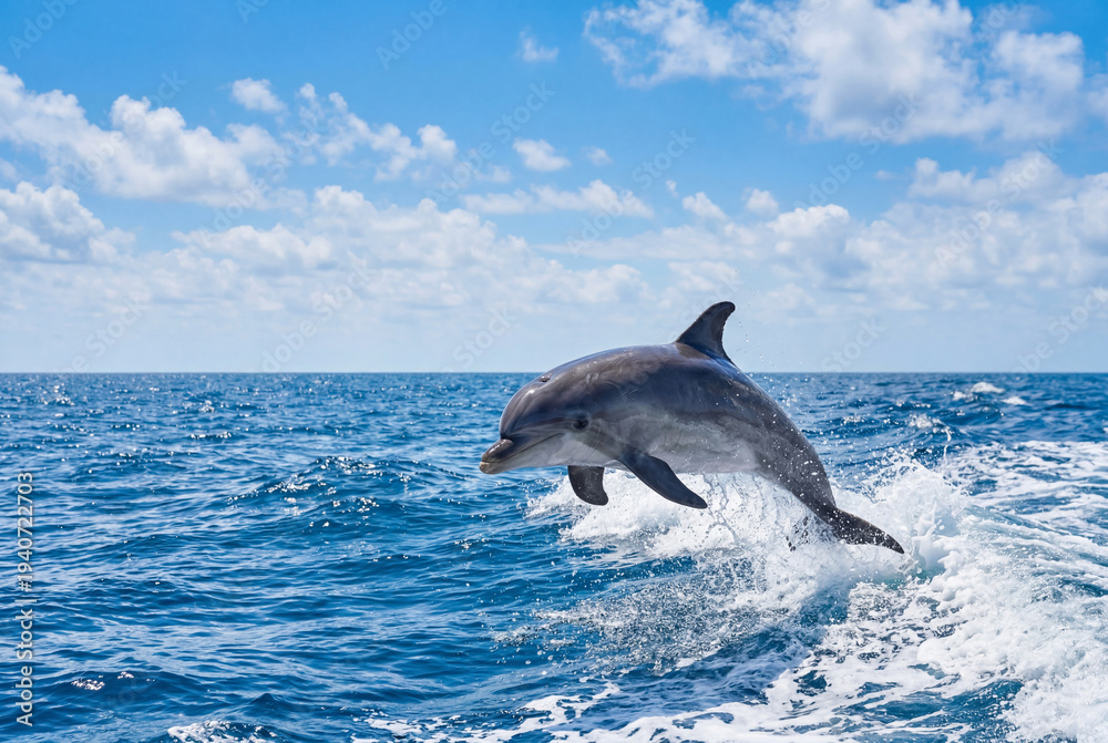 Fototapeta premium Playful bottlenose dolphin leaping out of deep blue ocean water
