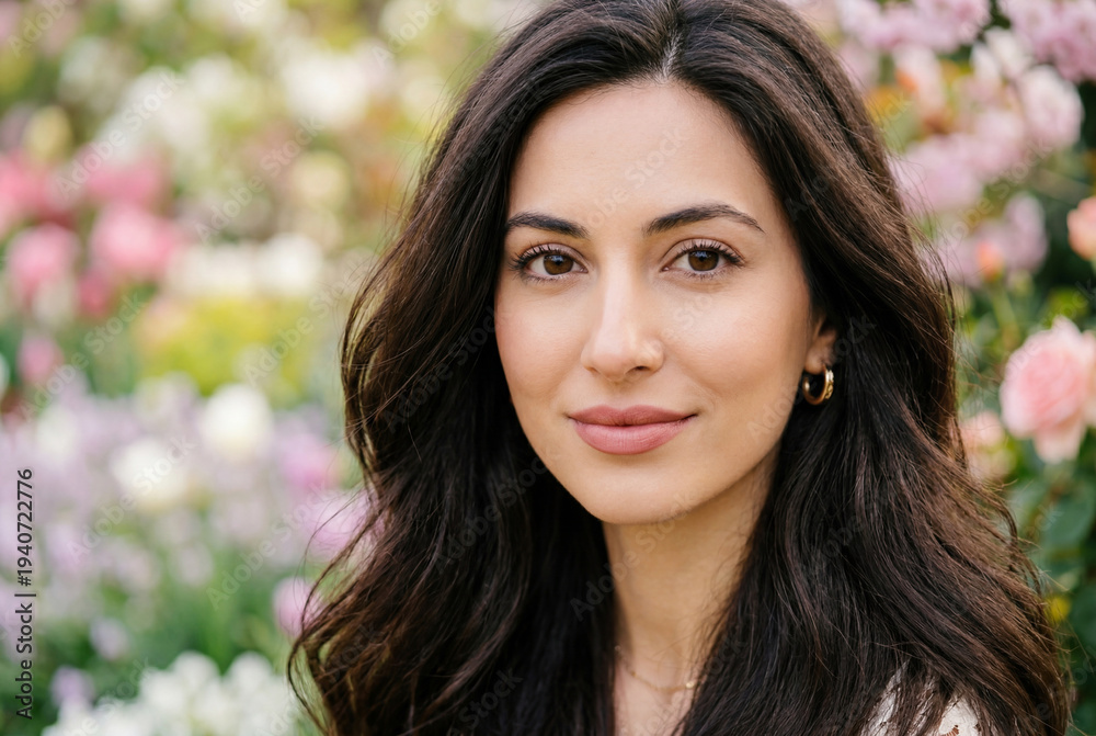 Fototapeta premium Elegant young woman with flowing dark hair posing in a colorful spring flower garden
