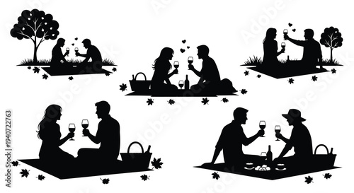 A collection of romantic picnic scenes featuring couples toasting with wine glasses depicted in black silhouette high quality professional detailed modern