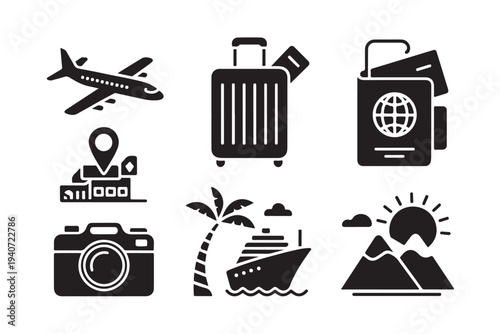 Travel and tourism vector black icons set with airplane flight, luggage suitcase, passport with tickets, location map, photography camera, cruise ship with palm tree, mountains with sun and clouds