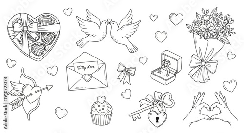 Collection of romantic illustrations depicting love symbols, hearts, and gestures in a simple line art style
