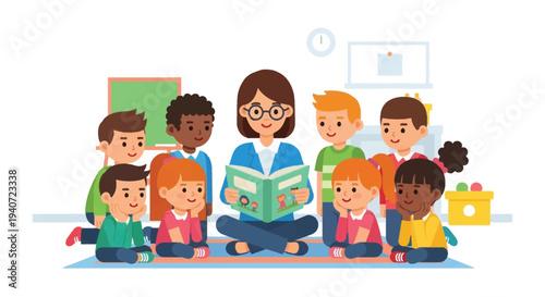 A teacher reads to a diverse group of young students seated in a circle on the floor silhouette high quality