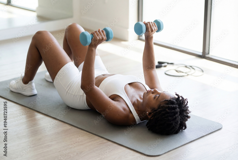 Fototapeta premium Fit black woman doing dumbbell chest press exercise on yoga mat at home