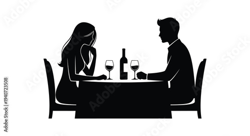 A couple enjoys an intimate dinner setting with a bottle of wine and glasses depicted as a silhouette high quality professional