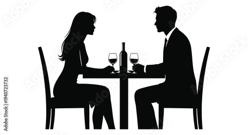 A romantic dinner for two is depicted in a stark black and white image presented as a silhouette high quality professional