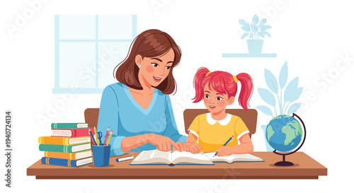 A mother assists her young daughter with homework at a wooden desk fostering education and bonding silhouette high quality professional