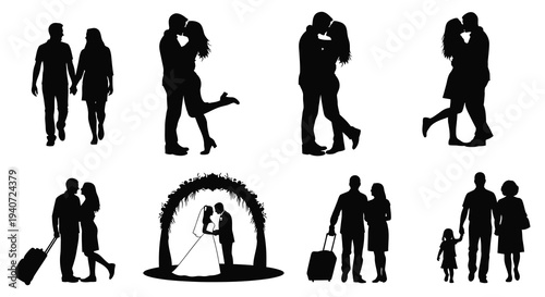A collection of black silhouettes depicting couples in various romantic poses and family scenes silhouette high quality professional detailed modern elegant