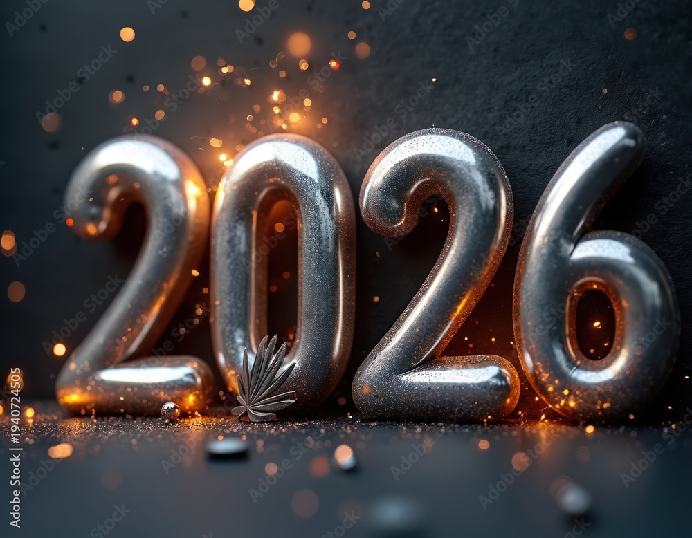 Obraz premium Silver 3D numbers 2026 with sparks and glitter on dark background. Celebrate new year, holidays, and future events. Winter festive season greeting.
