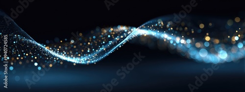 Abstract Glowing Blue Light Wave with Shimmering Particles on Dark Background.