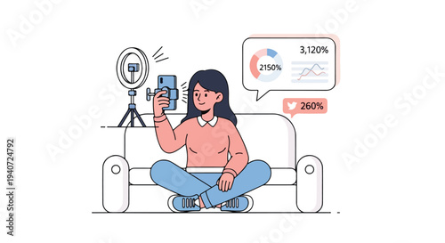A young woman sits on a couch, holding a smartphone with a speech bubble showing engagement metrics, in a flat 2D illustration with a social media influence theme.