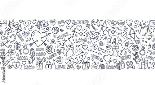 A diverse collection of icons and symbols representing various emotions, objects, and concepts, presented in a visually appealing doodle art style.