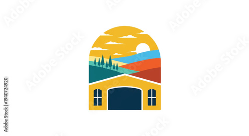 Colorful scenic landscape illustration inside arched building frame
