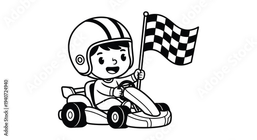 A cheerful cartoon racer celebrates victory with a checkered flag depicted in a bold silhouette high quality professional detailed modern elegant
