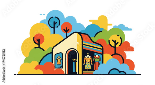 Shopfront illustration clothing store with colorful foliage