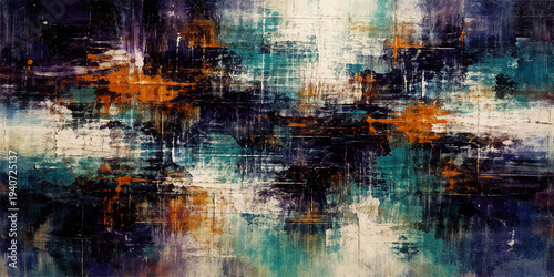 A futuristic digital art backdrop featuring a blue and orange abstract grunge pattern with a dirty vintage texture and colorful paint effects on an aged wall design