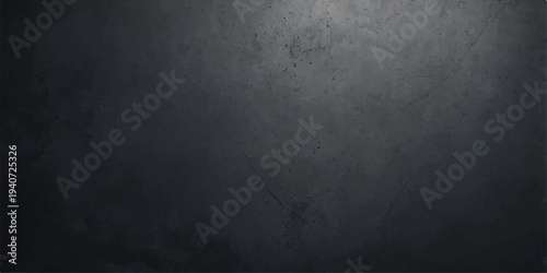 A dark grunge metal background features a dirty black concrete wall texture with a rough vintage pattern on an old grey stone surface
