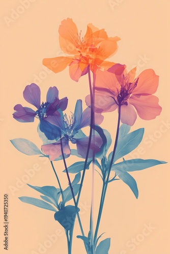 Pop style digital flowers,strong color filter in orage, violet, and blue on pae apricot. Minimalist, plaful, contemporary aestheti for creative decor or prit