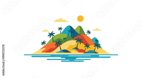Colorful island illustration with palm trees and mountains