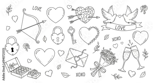 Valentine's Day illustration set featuring hearts, flowers, and romantic symbols in a minimalist line art style