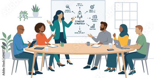 Female Leader Presenting Startup Strategy and Business Plan to Team