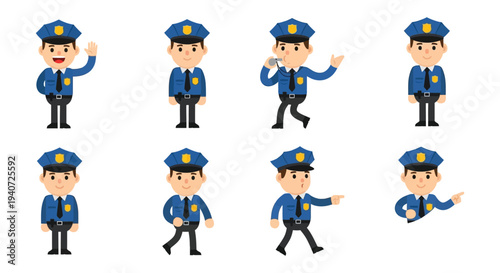 A collection of cartoon police officers in various poses and actions presented as a flat silhouette high quality professional detailed modern