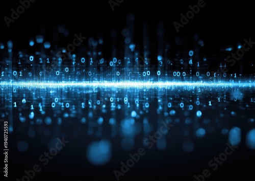 Abstract Digital Data Stream with Binary Code and Blue Light.