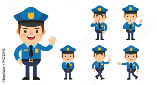 A collection of cartoon police officers in various poses featuring a distinct flat design silhouette high quality professional detailed modern elegant