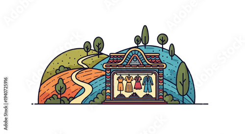 Shopfront with dresses on display illustration against hilly landscape