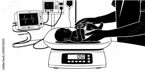 Premature Baby on Medical Weighing Scale Silhouette