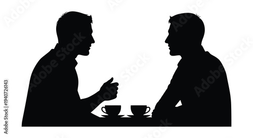 Two men engaged in a serious conversation across a table with coffee cups present depicted as a silhouette high quality professional