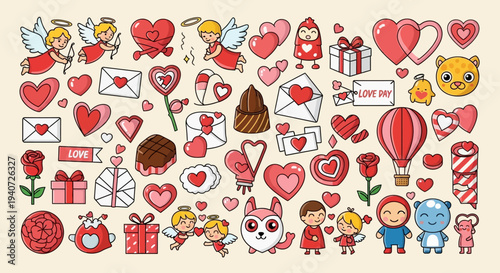 A vibrant collection of Valentine's Day icons and illustrations featuring hearts, love letters, and gift boxes displayed together