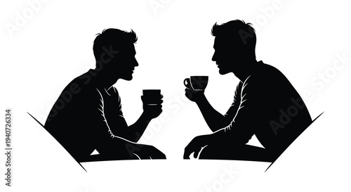 Two men engage in conversation over coffee depicted in a striking black and white silhouette high quality professional detailed modern elegant
