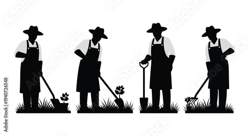 Four black silhouettes of farmers tending to plants and gardens showcasing rural work and agricultural life silhouette high quality professional detailed